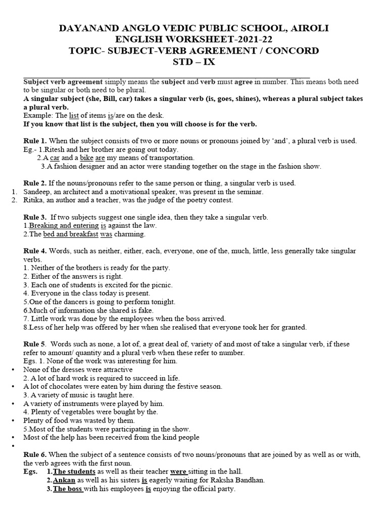 IX Eng Sub Verb Agreement 2021 | PDF | Grammatical Number | Plural