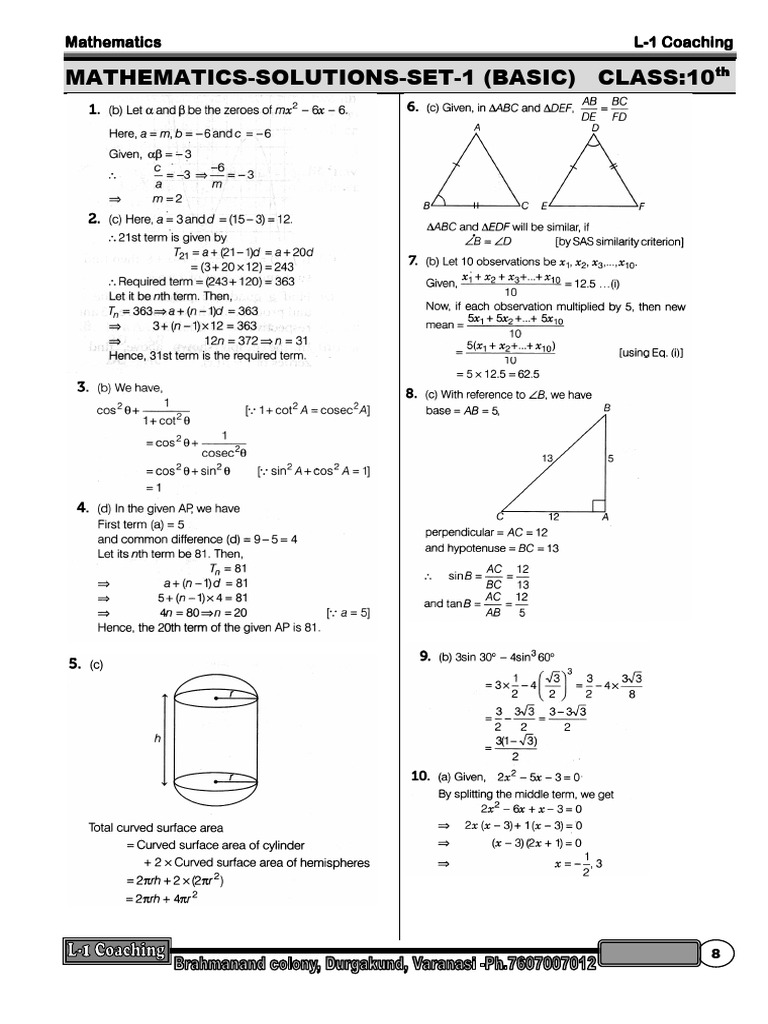 Mathematics Sample Question - Basic - Paper Class 10 Set 1 Sol... | PDF