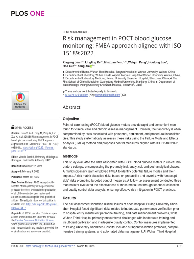 Risk Management in POCT Blood Glucose Monitoring F | PDF | Reliability ...