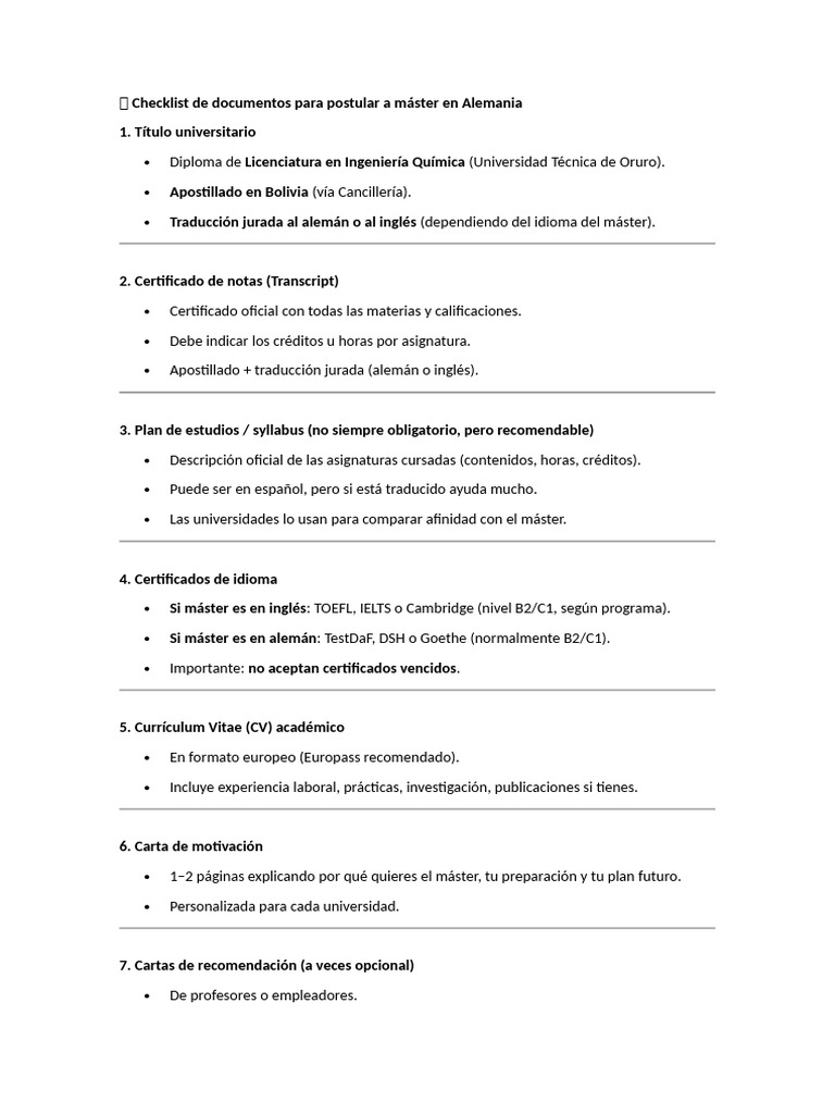 ? Checklist de Documentos para Postular A Máster en Alemania | PDF