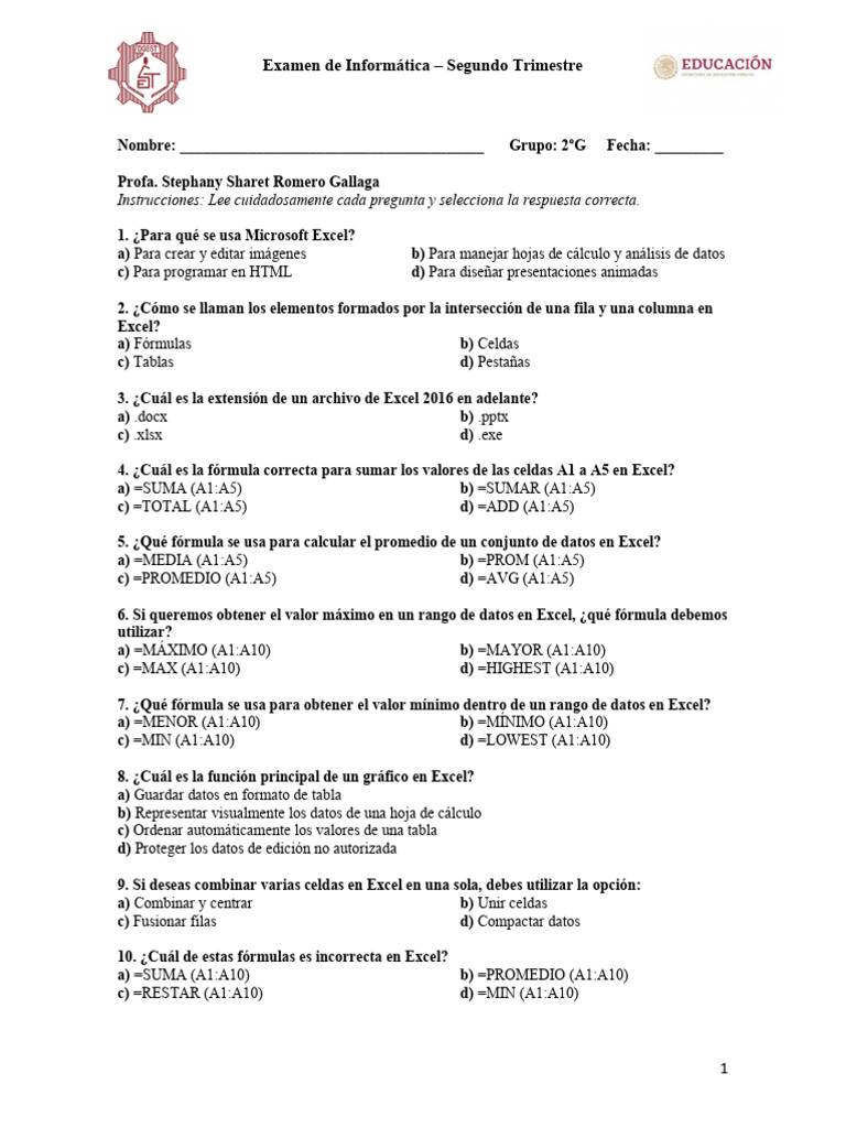 Copia de Examen 2 Trim Excel EST 85 | PDF | Microsoft Excel | Hoja de ...