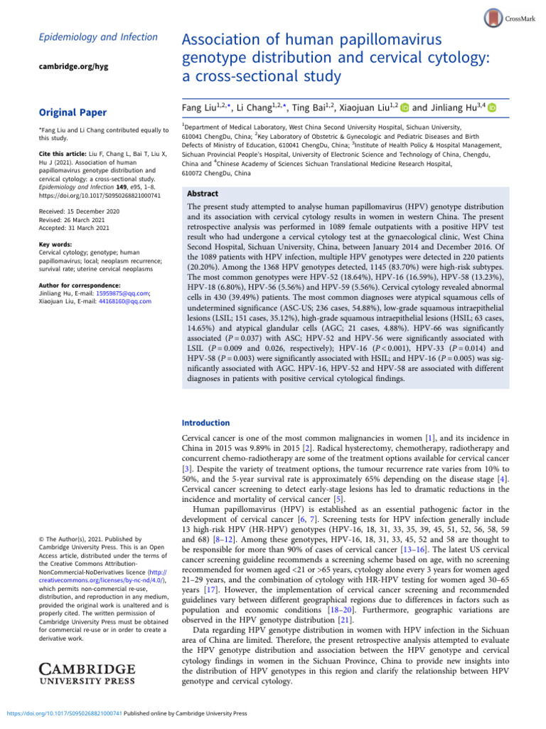 Association of Human Papillomavirus Genotype Distribution and Cervical ...