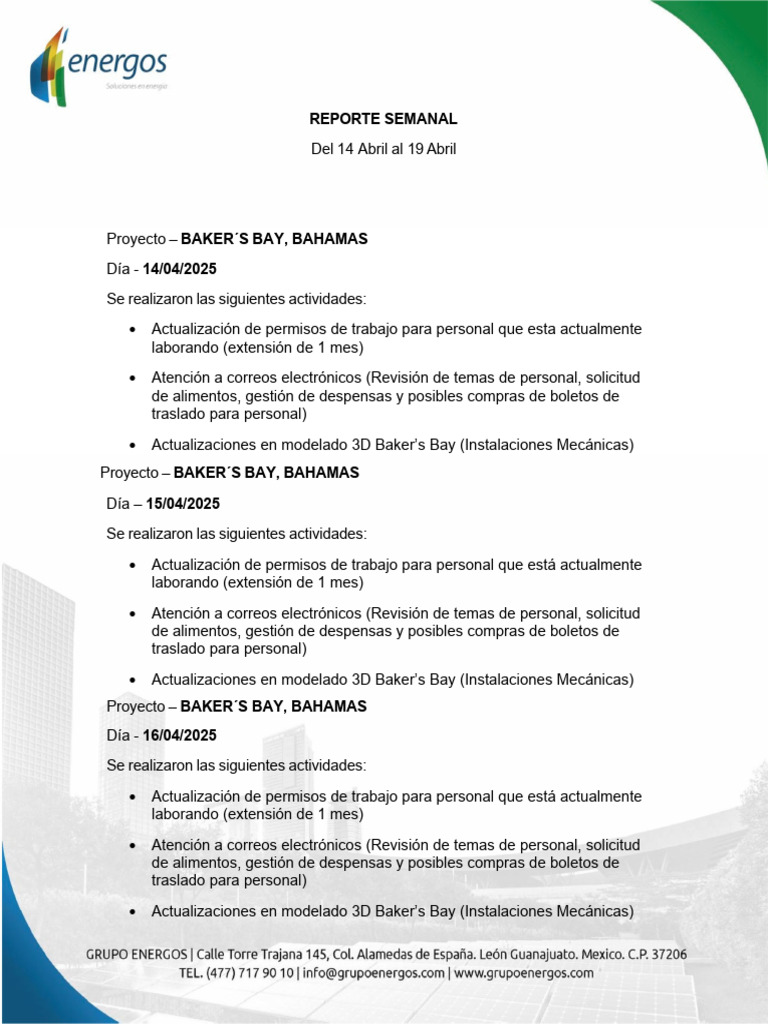 Reporte Semanal 14 Al 19 de Abril | PDF