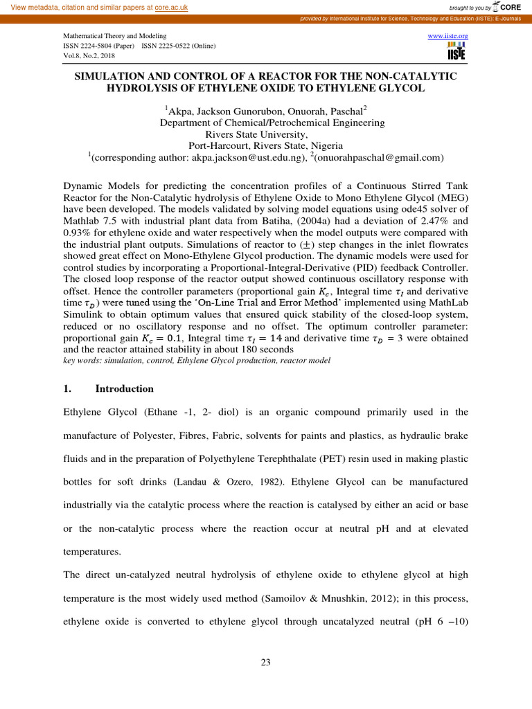 Simulation and Control of A Reactor For | PDF | Control Theory | Catalysis