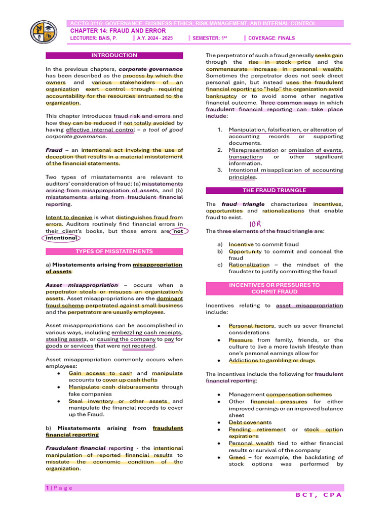 Chapter 14 Fraud and Error | PDF | Fraud | Embezzlement