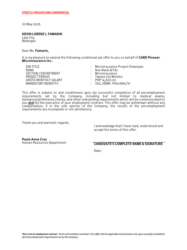 Conditional Job Offer - Kevin Lorenz J. Famarin | PDF | Labor | Business
