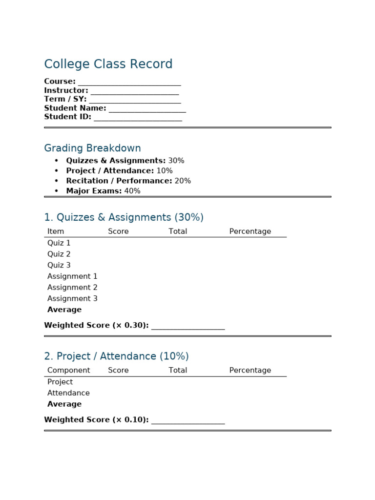 College Class Record Template | PDF