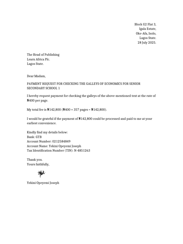 Galley Check Payment Request Yekini | PDF