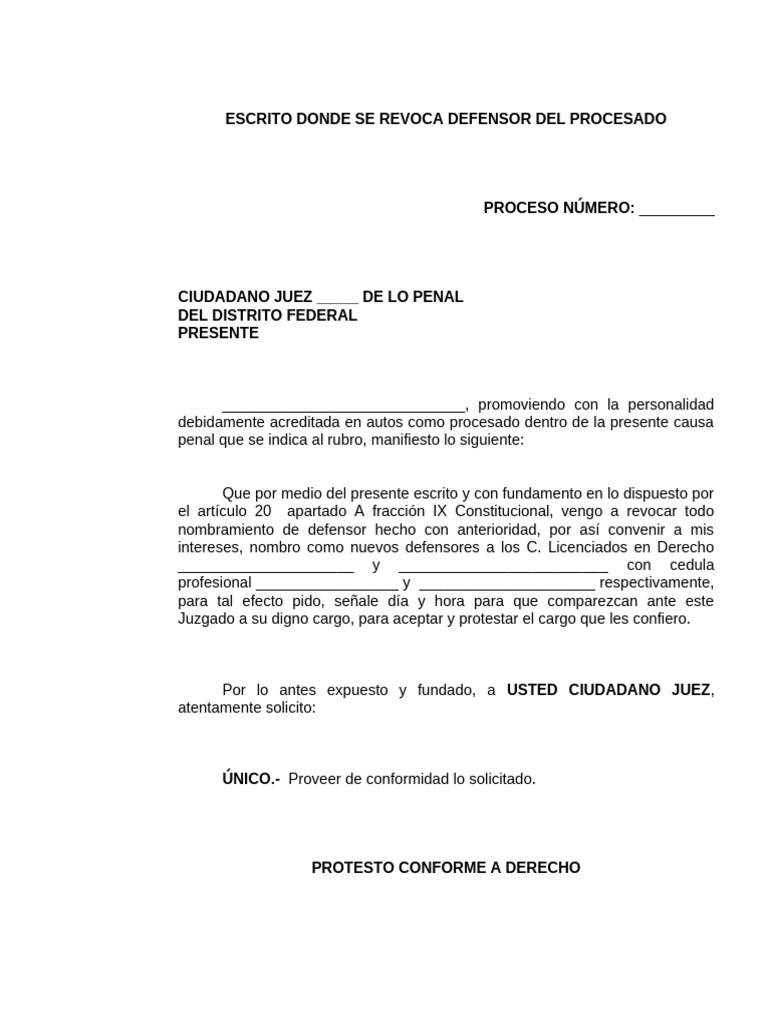 Escrito Donde Se Revoca Defensor Del Procesado | PDF