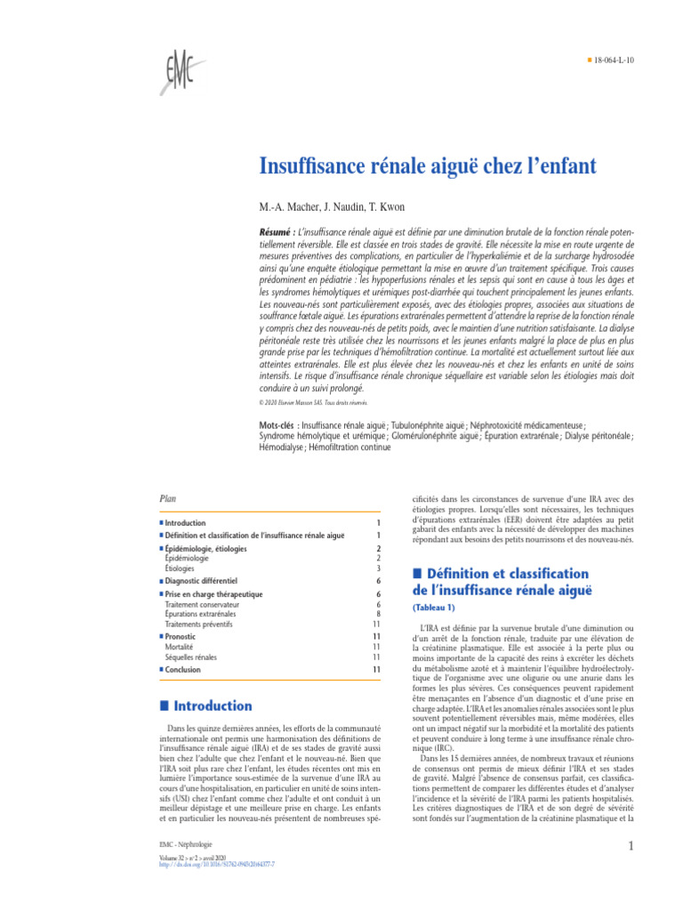 Insuffisance Rénale Aiguë Chez L'enfant EMC | PDF | Insuffisance rénale ...
