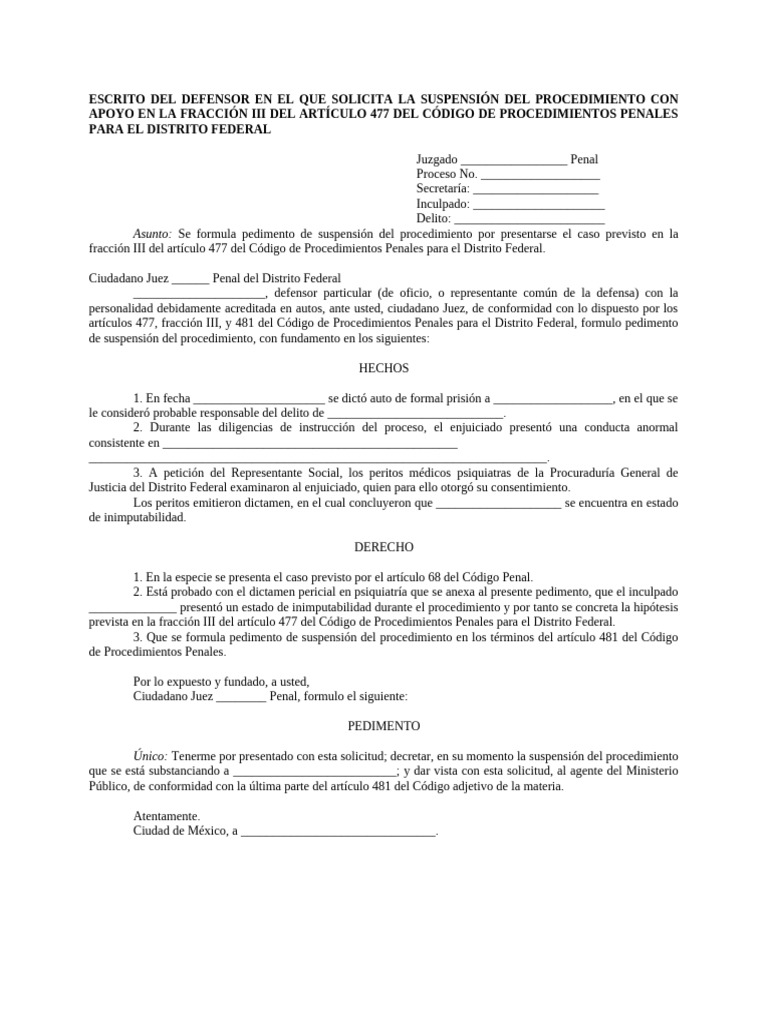 Escrito Del Defensor en El Que Solicita La Suspensi N Del Procedimiento ...