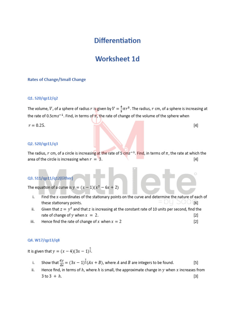Differentiation Worksheet 1d | PDF | Sphere | Mathematical Objects