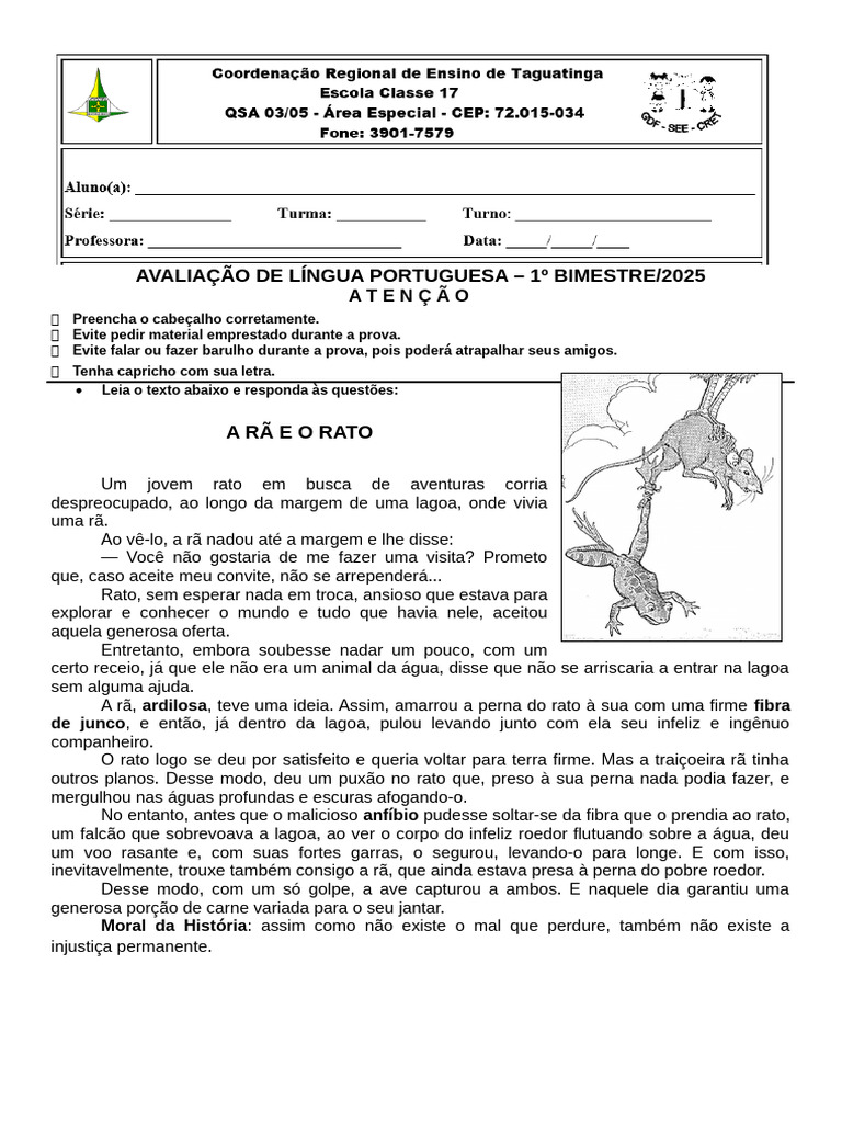Avaliação de Língua Portuguesa 1º Bimestre | PDF | Sílaba | Sapo