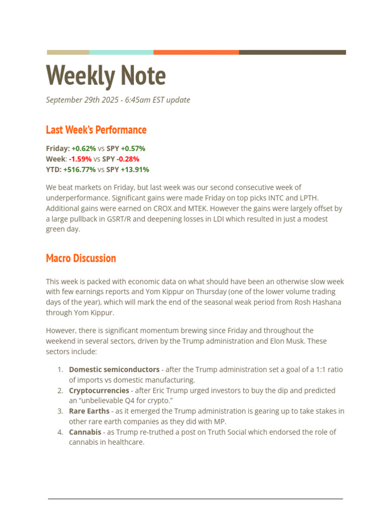 September 28th 2025 Weekly Note | PDF | Intel | Donald Trump