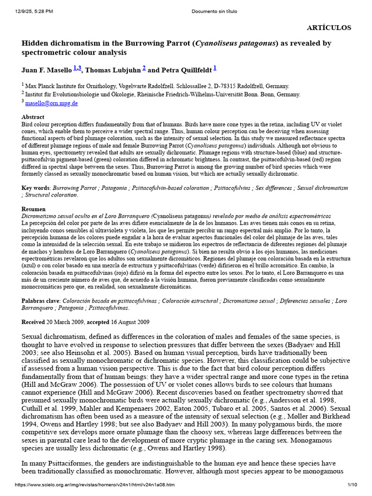 Masello - Hidden Dichromatism Loro | PDF