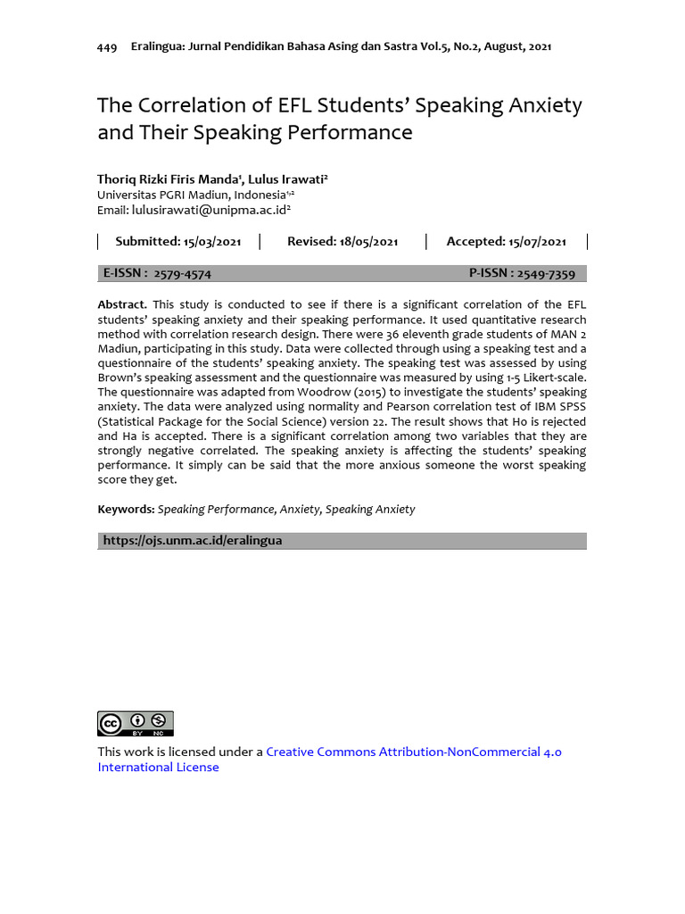 The Correlation of EFL Students Speaking Anxiety and Their Speaking ...