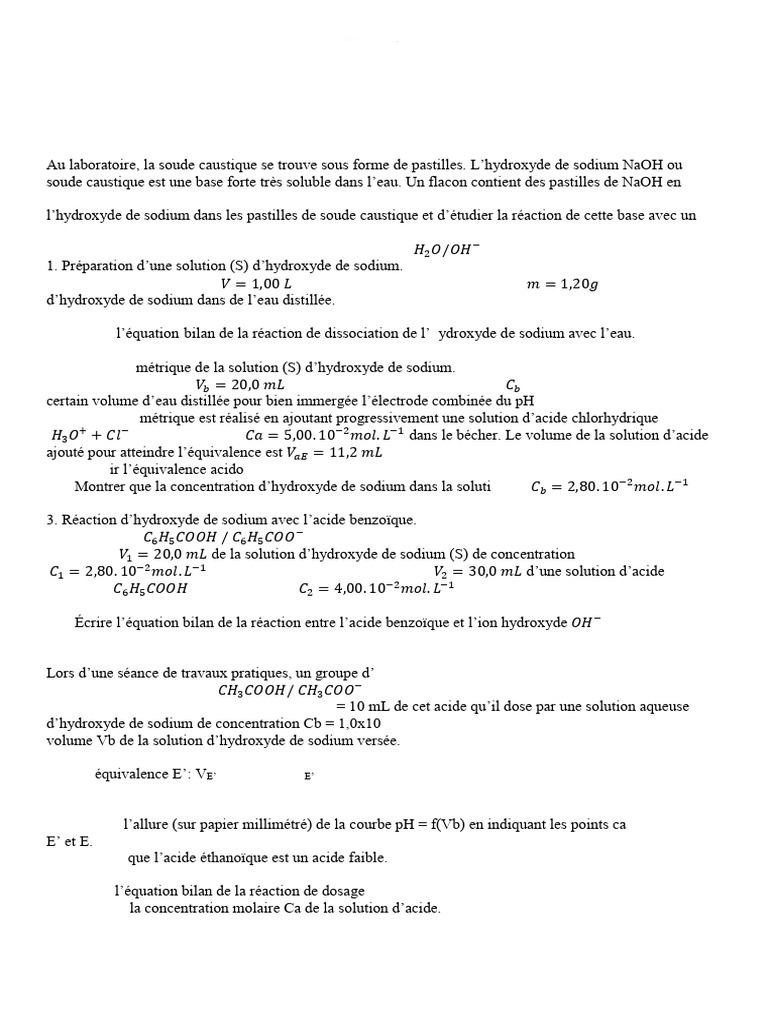 Premier Devoir de Chimie Du Trimestre 2 | PDF | Hydroxyde de sodium | Ph