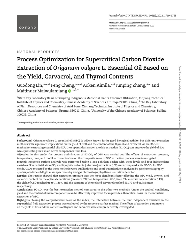 Process Optimization For Supercritical Carbon Dioxide Extraction of L ...