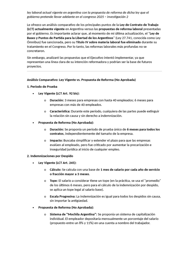 Ley de Reforma Laboral Argentina 2025 Investigacion 2 | PDF