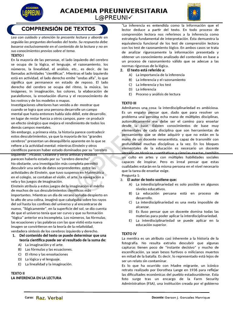 Comprensión de Textos (Práctica) | PDF | Inferencia | Pensamiento