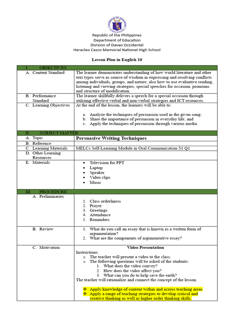 Lesson Plan in Persuasive Writing Techniques 10 | PDF | Learning ...