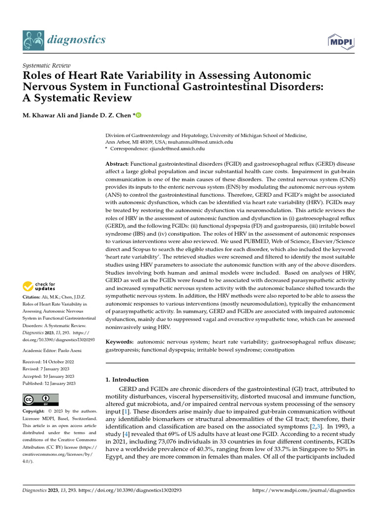 Roles of Heart Rate Variability in Assessing Autonomic-A Systematic ...