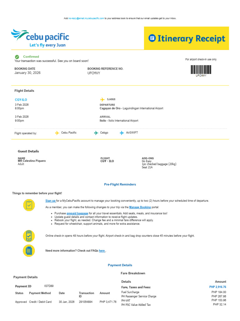 Cebu Pac - Itinerary | PDF | Fee | Payments