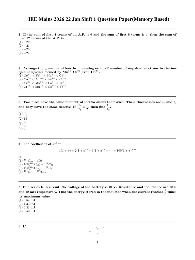 JEE MAINS 2026 22 JANUARY SHIFT 1 Question Paper | PDF | Covalent Bond ...