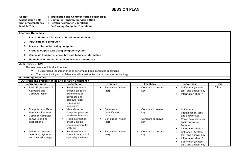 session plan performing computer operations operating system input output session plan performing computer