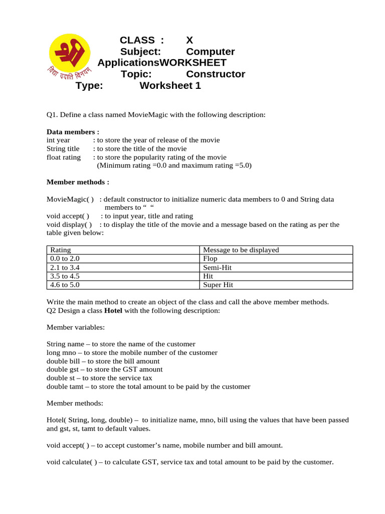 TSRS AR X Constructors Worksheet 1 | PDF | Constructor (Object Oriented ...