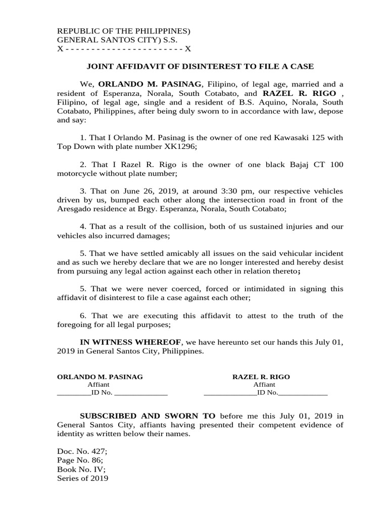 Joint Affidavit of Disinterest To File A Case-Pasinag | PDF