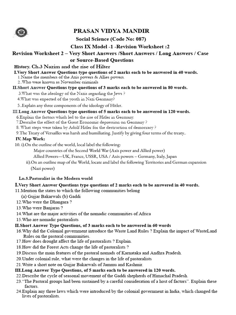 Class 9 Model - 1 Revision Worksheet - 2 | PDF | Nazism | Adolf Hitler