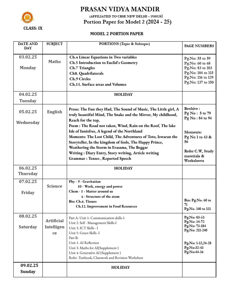 STD IX Model 2 Portion Paper | PDF