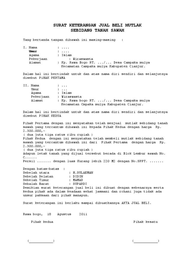 Contoh Surat Jual Beli Tanah Sawah - SuratMenyurat.net