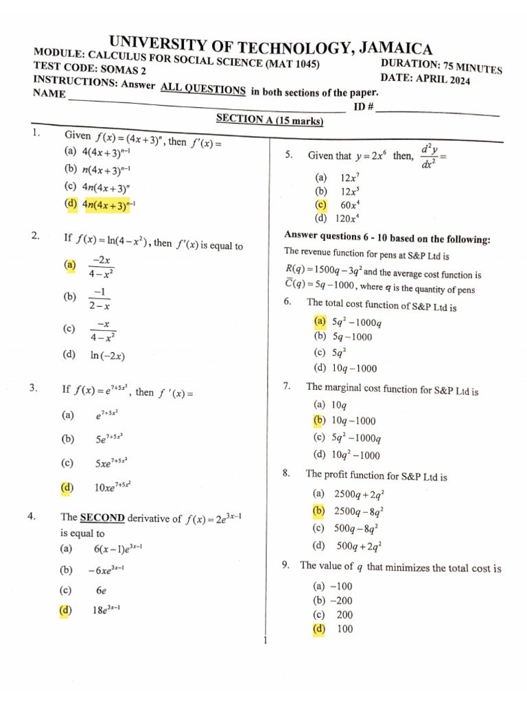 Calculus For Social Science 2024 Ans | PDF | Subtraction | Differential ...