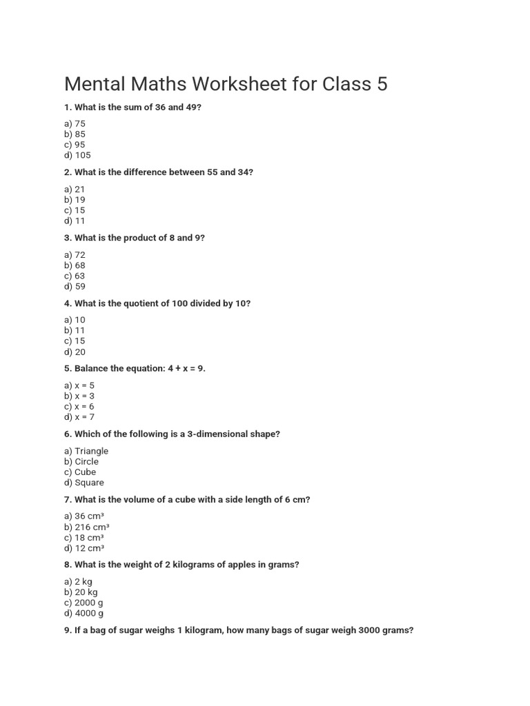 Mental Maths Worksheet For Class 5A | PDF