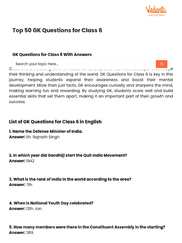 Top 50 GK Questions For Class 6 | PDF
