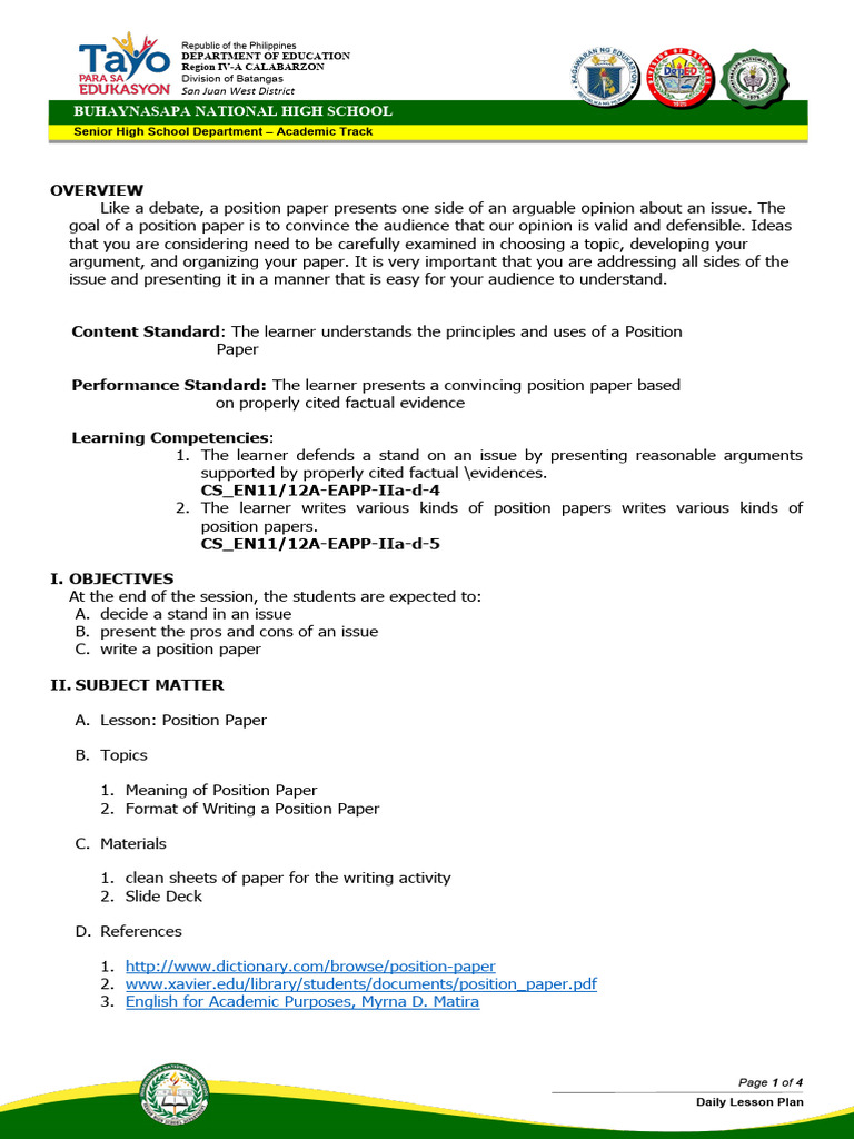 Demo Position Paper | PDF | Lesson Plan | Essays