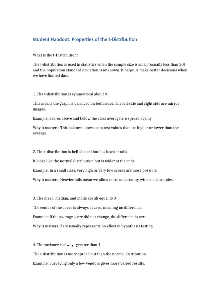 T Distribution Student Handout | PDF