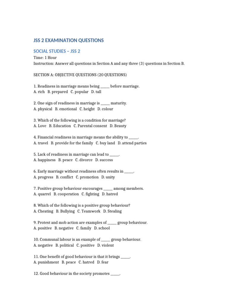 JSS2 Social Studies and Civic Education Exam-1 | PDF | Substance Abuse ...