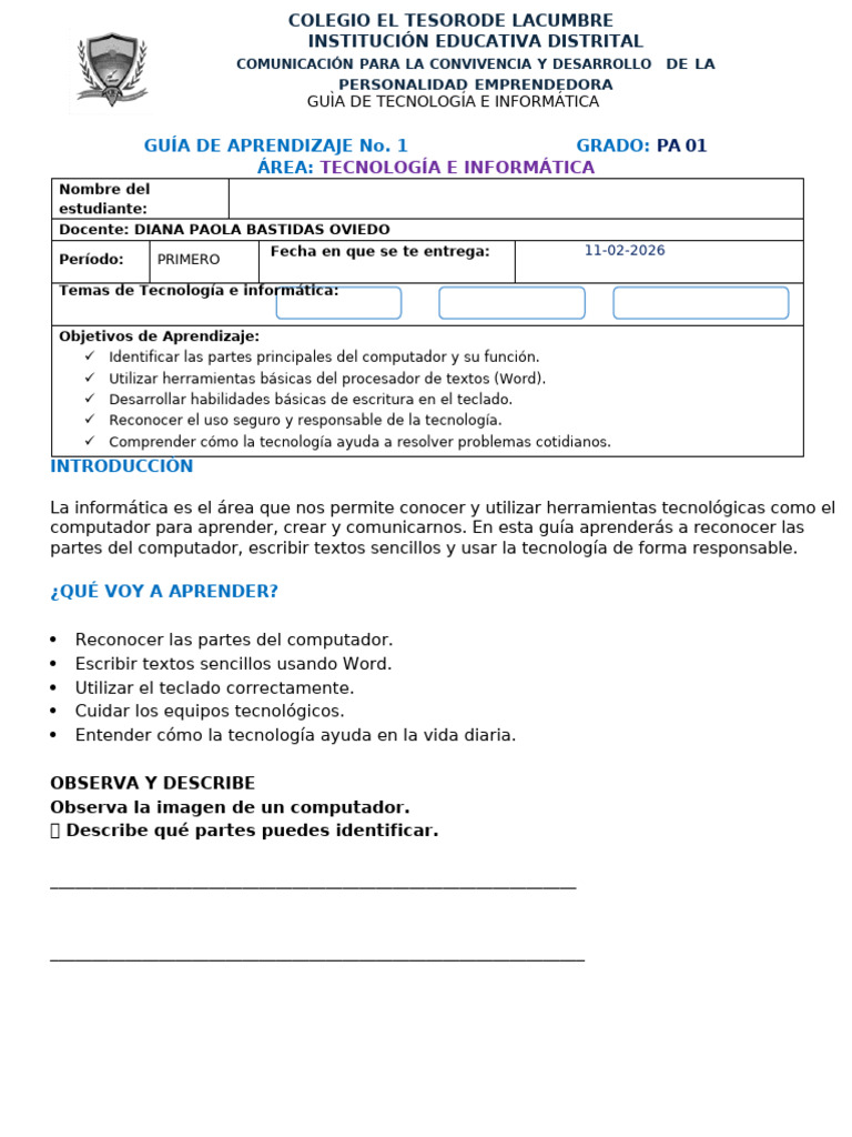 Guìa Tecnología e Informática - Grado Pa 01 Periodo-I | PDF