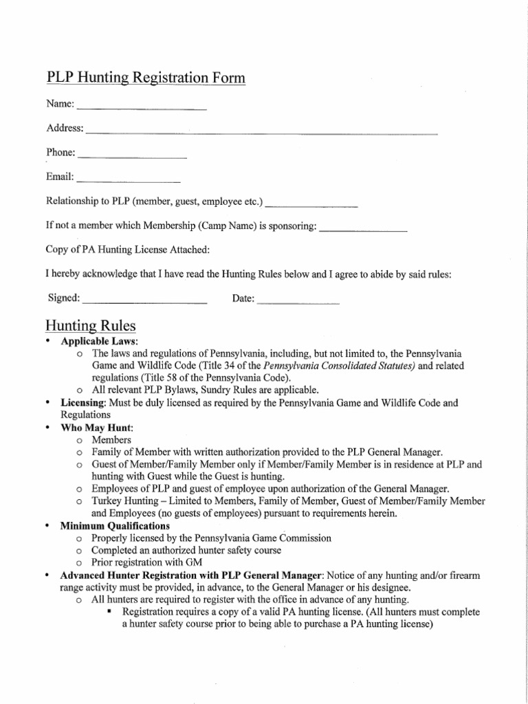 PLP Hunting Registration Form Rules | PDF