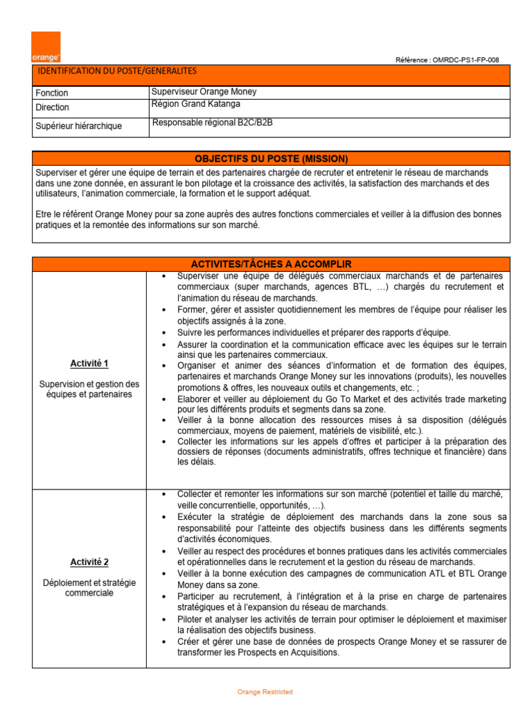 Fiche de Poste - Superviseur Orange Money - Grand Katanga | PDF ...
