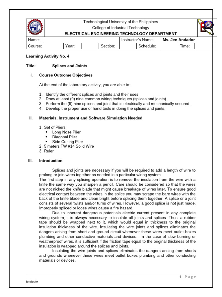 Learning Activity No 4 Splices and Joints | PDF | Wire | Electrical ...