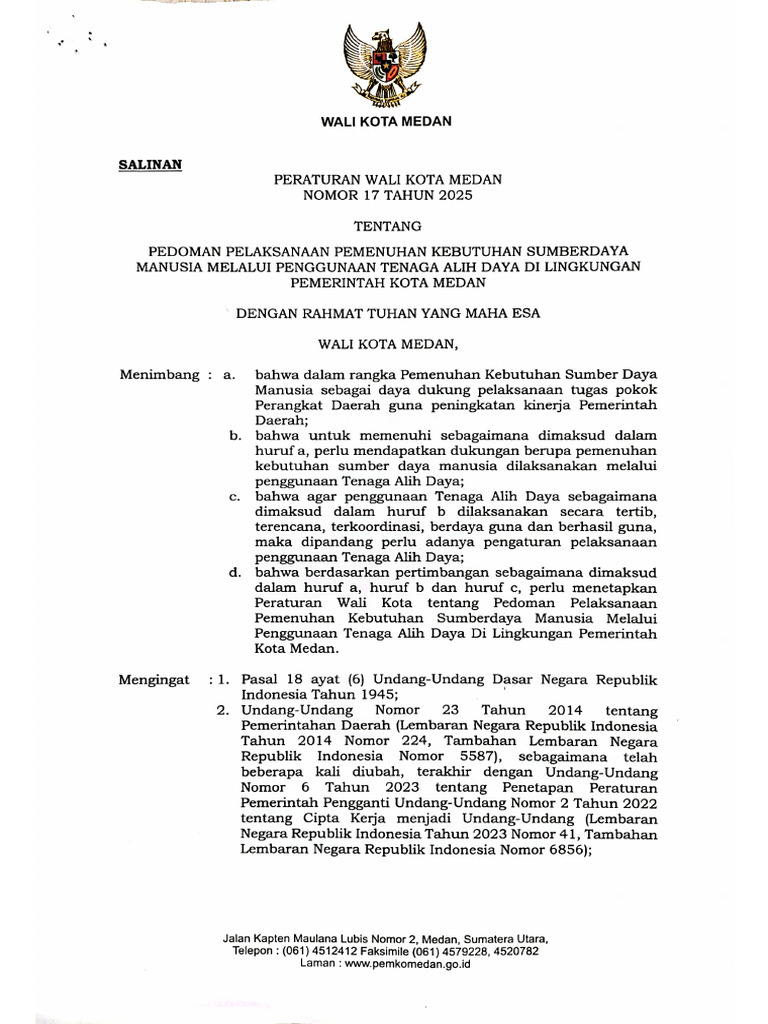 Perwal Nomor 17 Tahun 2025 (Pedoman Pelaksanaan Pemenuhan Kebutuhan ...