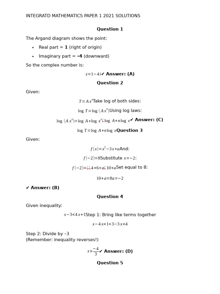 Integratd Mathematics Paper 1 2021 Solutions | PDF | Complex Number ...