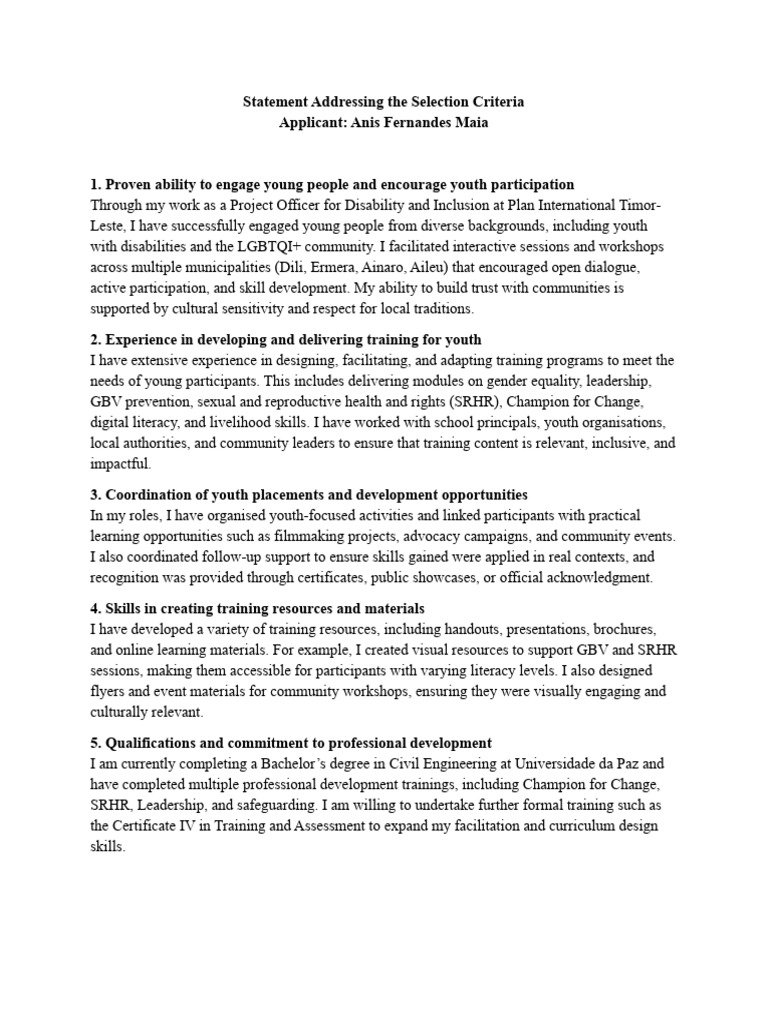 Statement Addressing The Selection Criteria | PDF | Mentorship