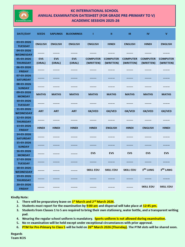 Annual Datesheet 2025-26 Pre-Primary To V | PDF | Chess Theory