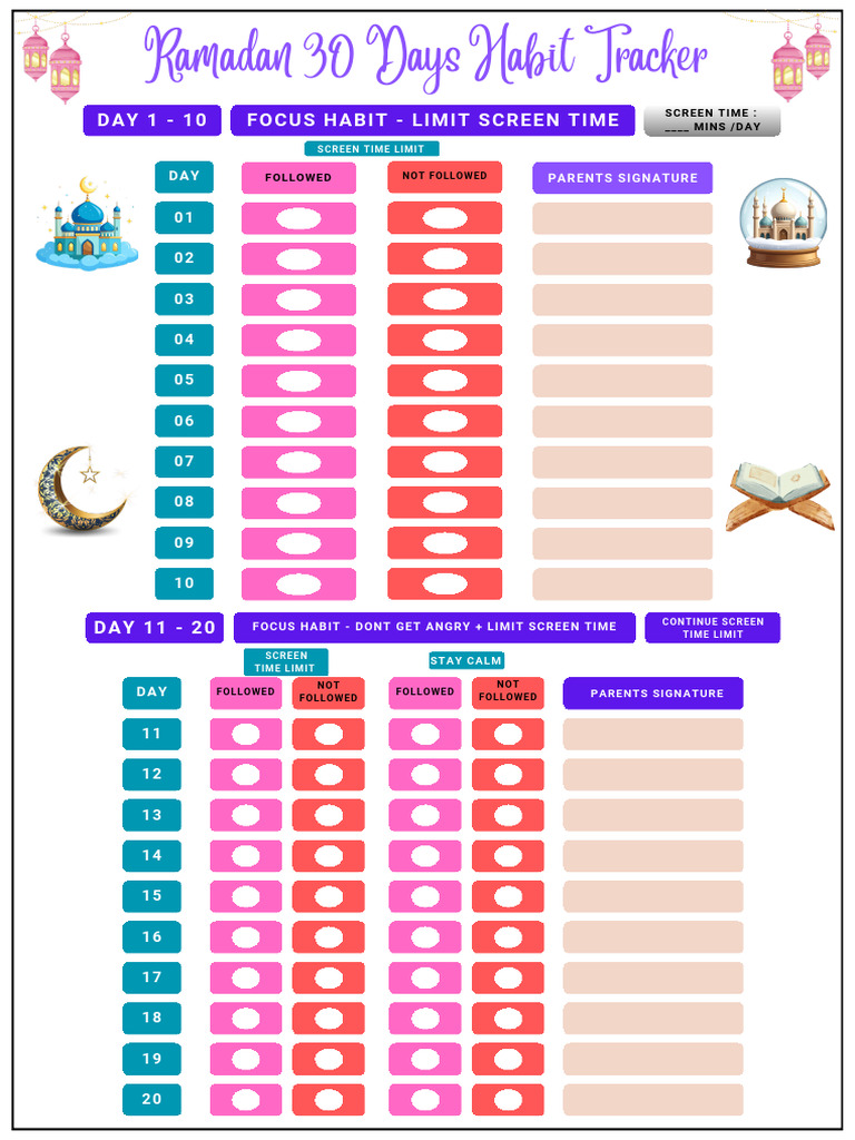 Ramadan Habit Tracker Worksheet | PDF