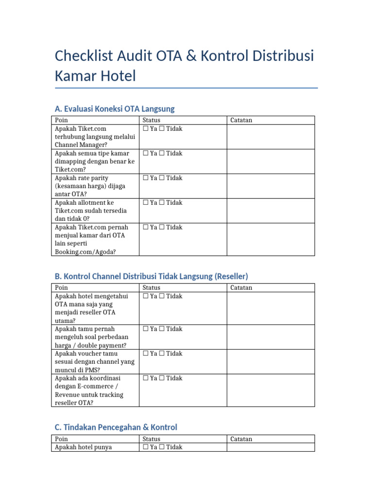 Checklist Audit OTA Hotel | PDF